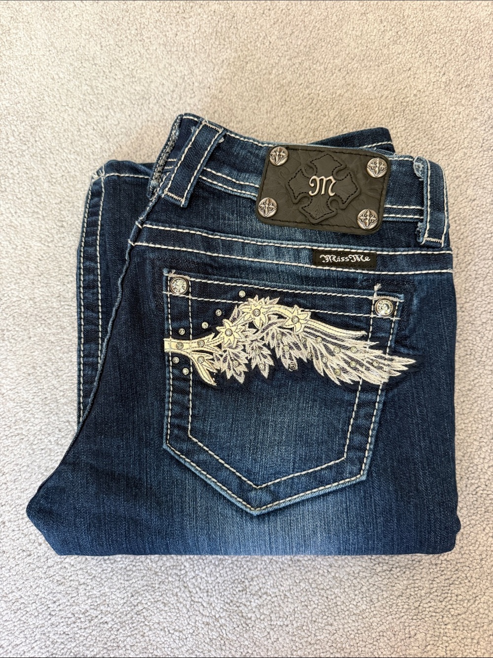 Miss Me Boot cut 28 Dark Blue Denim Bootcut Jeans with Embroidered Pocket